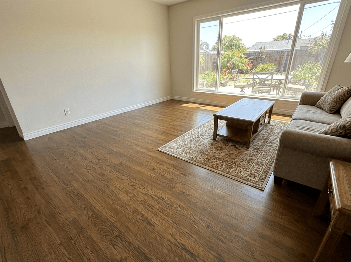 The same living room fully dried, repaired, and restored