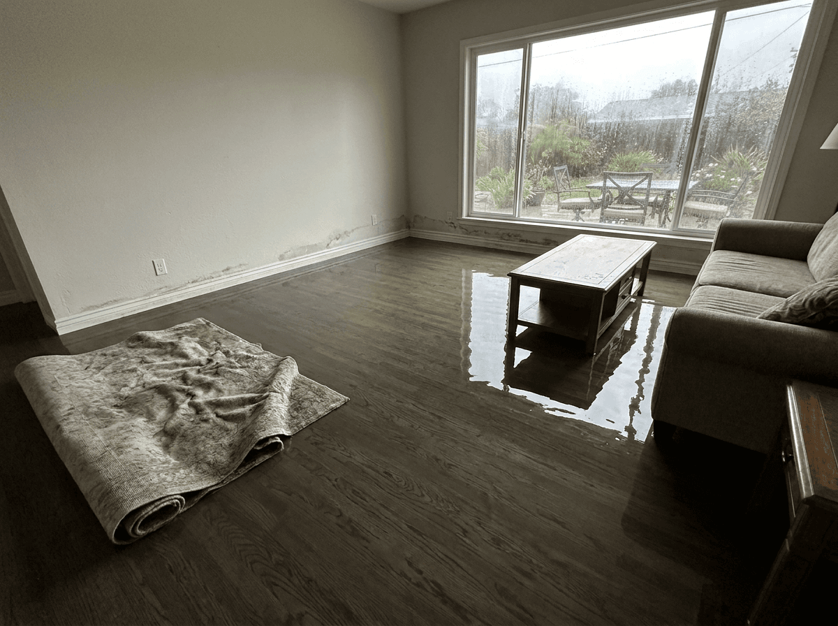 Living room with standing water across the hardwood floor