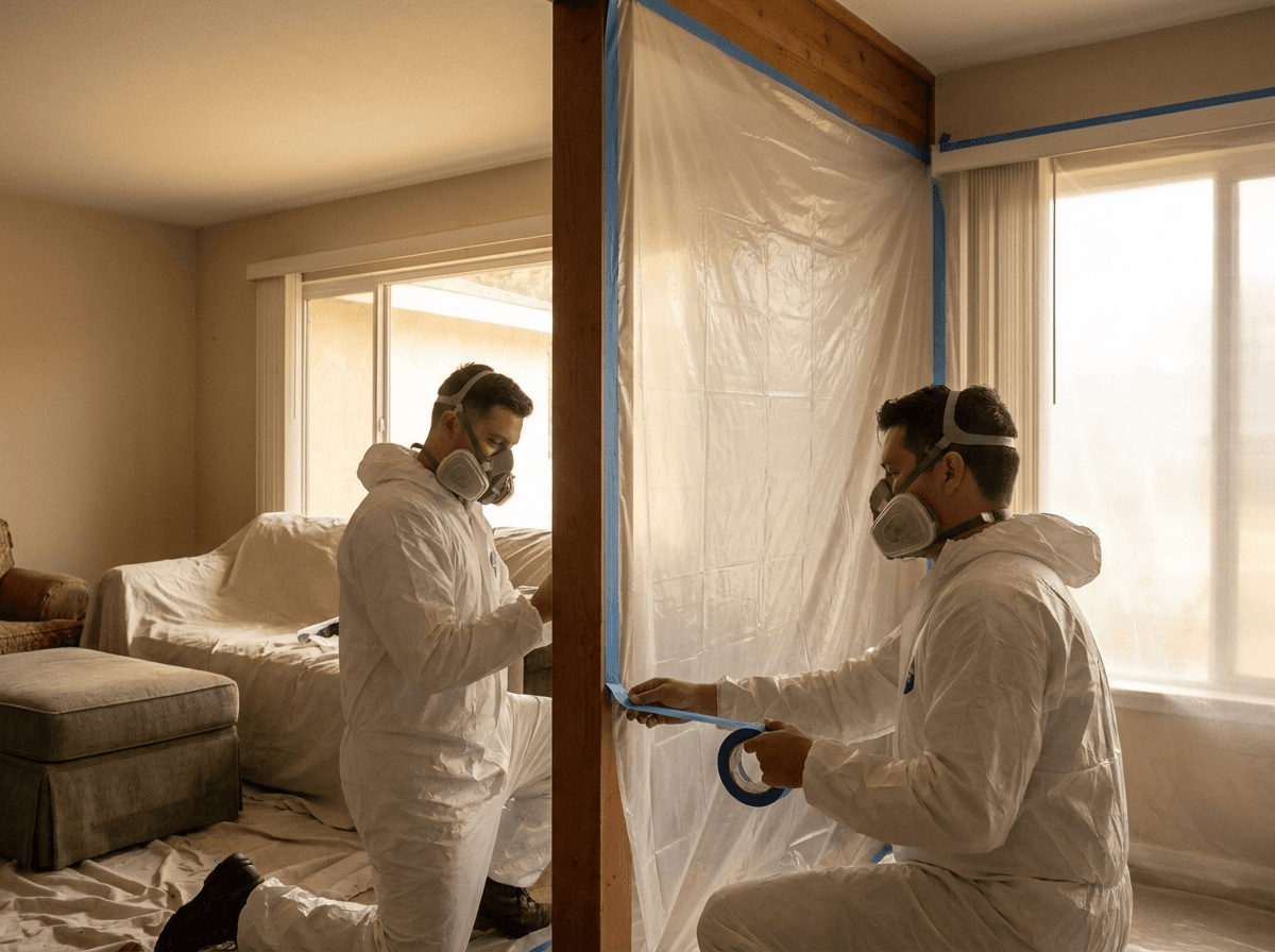 Technicians in protective suits setting mold containment