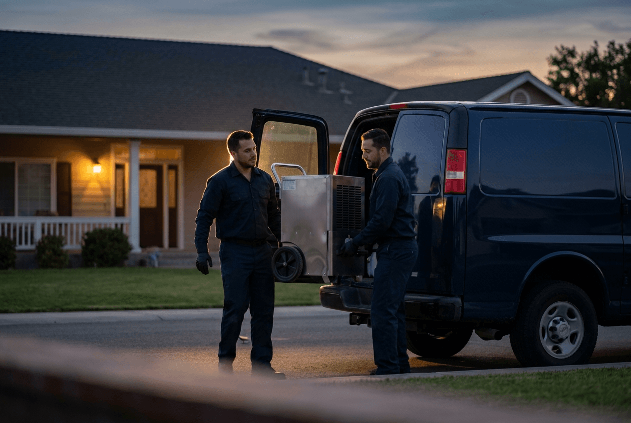 Valley Pro technicians responding to a property emergency at dusk