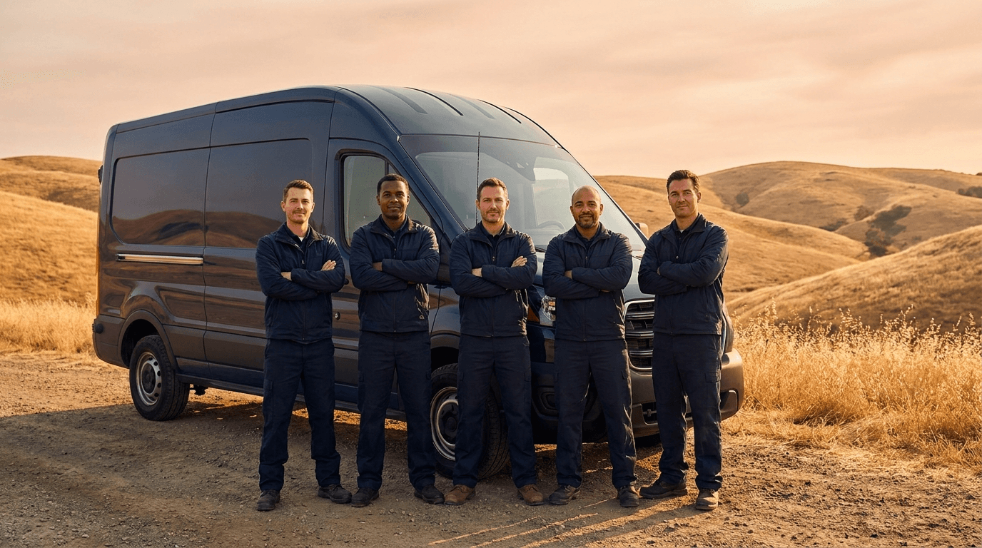 The Valley Pro Restoration team standing in front of a service van with Central Valley hills behind them